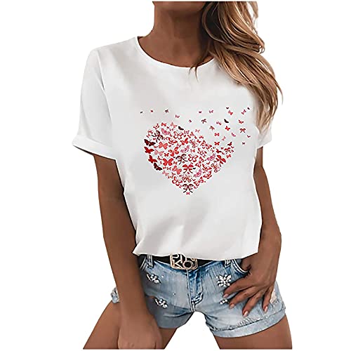 Tshirt Damen Sommer Weißes T Shirt Blusen & Tuniken für Damen Sommerlich Kurzarm T-Shirt Oberteile Bluse mit Aufdruck Bunte Blumen Party Rundhals Tee Tops Pullover Sommer Shirt Tunika Hemden von TRIGLICOLEUM