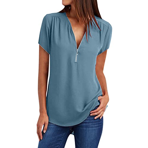 Tunika Damen 1/4 Reißverschluss Bluse mit V-Ausschnitt Kurzarm Tshirt Große Größen Longbluse Elegant Einfarbig Blusenshirt Sommer Tops Hemdbluse T Shirt Lose Oberteile Blusen & Tuniken für Damen von TRIGLICOLEUM