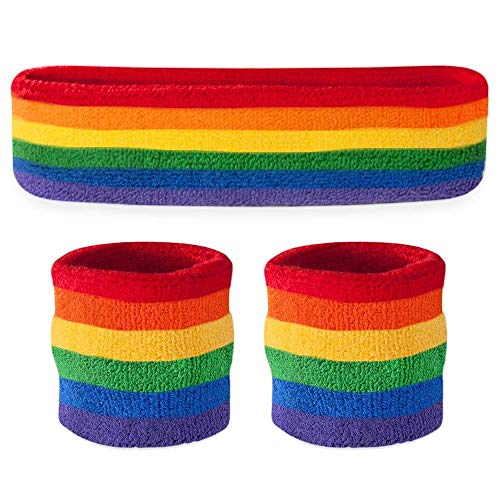 TRIXES Regenbogen Stirnband und Schweissband für Erwachsene Größe Unisex Armband Stirnband in den Regenbogenfarben ideal beim Sport und für LGBT Events von TRIXES