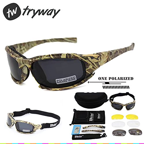 Taktischer Augenschutz, Schutzbrille 4LS, für Herren, Militär-Stil, X7 Polarisierte Sonnenbrille, kugelsicher, Airsoft-Brille, Motorradbrille, Fahrradbrille, Camouflage polarized von Tryway
