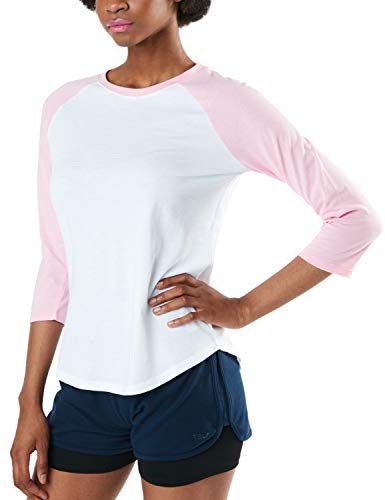 TSLA Damen 3/4 Arm T-Shirt, dynamisches Raglan T-Shirts aus Baumwolle, leichte Outdoor Performance Baseball T-Shirts, Fts32 1pack - White & Lightpink, L von TSLA