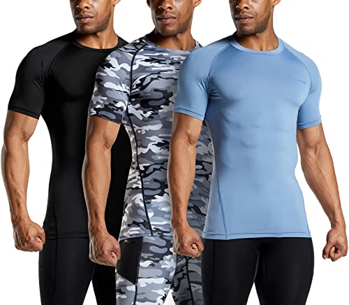 TSLA Herren Dri Fit Kompressionsunterwasche Athletischer Kurzarm T-Shirt, Mub20 3pack - Black/Stone Blue/Camo Grey, M von TSLA