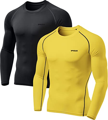 TSLA Thermale Kompressionsunterwäsche Wintergear Sport Langarm-Shirt mit Fleece-Futter für Herren, Yud40 2pack - Black&charcoal/Yellow, XL von TSLA