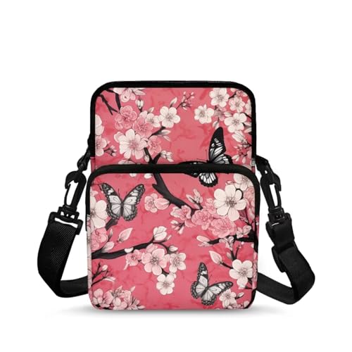 TSOVTHRID 2-lagige Polyester-Crossbody-Brusttasche, Schultertasche, Hüfttasche für Damen und Mädchen, Schwarze Schmetterlinge, rosa weiße Blumen von TSOVTHRID