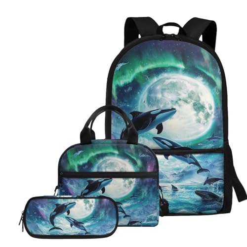 TSOVTHRID 3-in-1-Rucksack für Kinder, große Kapazität, Mädchen, Büchertasche mit Lunchbox, Jungen, Schultaschen für 8–9 Jahre, Whale Moon Aurora von TSOVTHRID