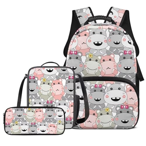 TSOVTHRID Rucksack für Schulmädchen, leichte Büchertasche für Mädchen von 10–12 Jahren, Schultasche und Lunchbox, 3 Stück, Cartoon-Nilpferd von TSOVTHRID