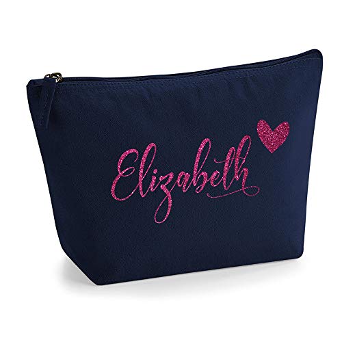 Personalisiert Name Initialen & Herz Kosmetiktasche Damen Schminktasche für Handtasche Makeup Tasche - Glitter oder Flocke Material Druck - Rosa Glitzer - M | Marine Blau von TULLUN