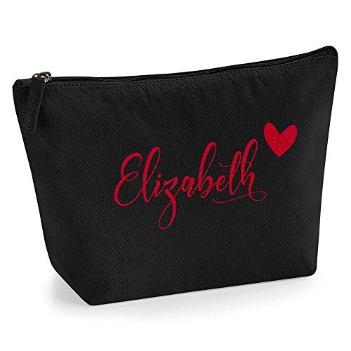 Personalisiert Name Initialen & Herz Kosmetiktasche Damen Schminktasche für Handtasche Makeup Tasche - Glitter oder Flocke Material Druck - Rote Flocke - S | Schwarz von TULLUN