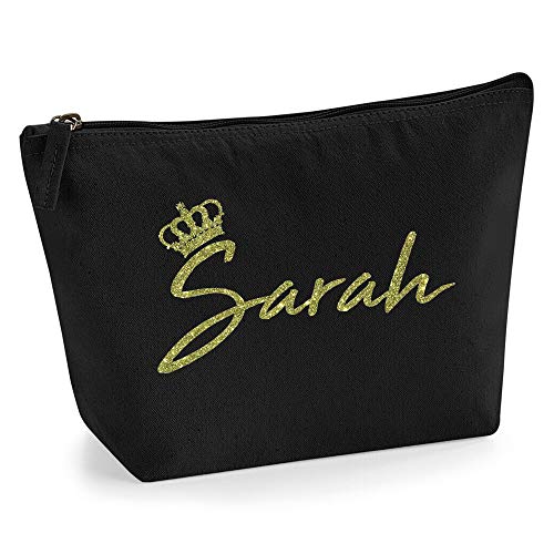 Personalisiert Name Initialen & Königin Krone Kosmetiktasche Damen Schminktasche für Handtasche Makeup Tasche - Glitter oder Flocke Material Druck - Gold Glitter - M - Schwarz von TULLUN