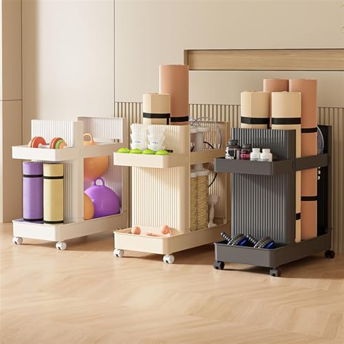 TUPOSTAR 3 Tier Home Fitness -Trainingsausrüstung Organisator Für Hanteln, Kettlebells, Schaumstoffwalzen Yogamattenlagerstange Mit Rädern Und Haken,Beige von TUPOSTAR