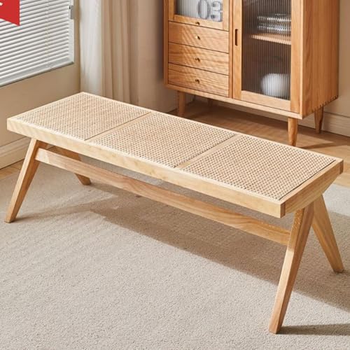 TUPOSTAR Natürliche Rattan-Eingangsbank Moderne Bank Am Fußende des Bettes Esszimmerbank Aus Holz Mit Sitz Aus Rohrgeflecht Für Wohnzimmer, Foyer, Innenflur,A,45X45X128CM von TUPOSTAR