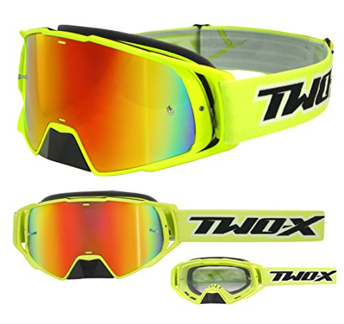 TWO-X Cross-Brille - Motocross-Brille mit verspiegeltem Iridium Glas - Motorrad-Brille - Enduro & Downhill - Schutz-Brille - Modell Rocket - Neongelb von TWO-X