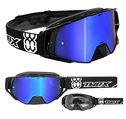TWO-X Cross-Brille - Motocross-Brille mit verspiegeltem blauen Glas - Motorrad-Brille - Enduro & Downhill - Schutz-Brille - Modell Rocket - Schwarz von TWO-X