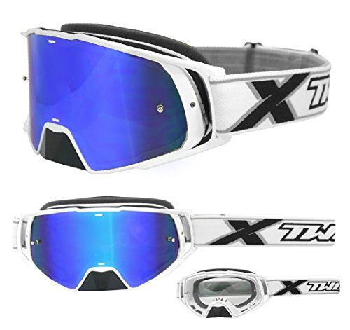 TWO-X Cross-Brille - Motocross-Brille mit verspiegeltem blauen Glas - Motorrad-Brille - Enduro & Downhill - Schutz-Brille - Modell Rocket - Weiß TWO-X Cross-Brille - Motocross-Brille mit verspiegeltem blauen Glas - Motorrad-Brille - Enduro & Downhill - Schutz-Brille - Modell Rocket - Weiß von TWO-X