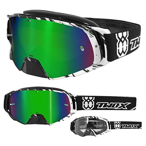 TWO-X Cross-Brille - Motocrossbrille mit verspiegeltem grünen - Motorradbrille - Enduro & Downhill - Schutz-Brille - Rocket - Crush Schwarz-Weiß TWO-X Cross-Brille - Motocrossbrille mit verspiegeltem grünen - Motorradbrille - Enduro & Downhill - Schutz-Brille - Rocket - Crush Schwarz-Weiß von TWO-X