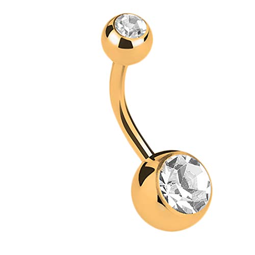 Taffstyle Bauchnabelpiercing Stab Piercing Banana Bauch Bauchnabel Stecker Doppelte Kugel mit Zwei Glitzer Kristall Kurz Gold Clear 1,6mm x 10mm x 4mm x 6mm von Taffstyle