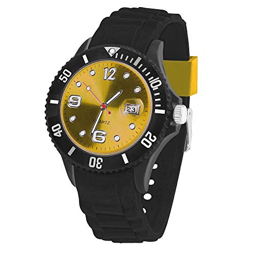 Taffstyle Damen Herren Sportuhr Armbanduhr Silikon Sport Watch Farbiges Ziffernblatt mit Datum Analog Quarz Uhr Schwarz Gelb von Taffstyle