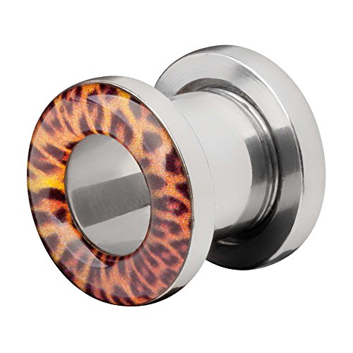 Taffstyle Flesh Tunnel Ohr Piercing Ear Plug Ohrpiercing Edelstahl Schraub Tribal Schraubverschluss Leopard Leo Silber Orange 8mm von Taffstyle