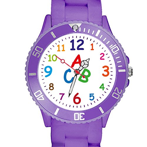 Taffstyle Kinder Armbanduhr Silikon Sportuhr Bunte Sport Uhr Kinderuhr Lernuhr Zahlen ABC Motiv Analog Lila von Taffstyle