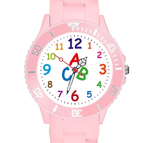 Taffstyle Kinder Armbanduhr Silikon Sportuhr Bunte Sport Uhr Kinderuhr Lernuhr Zahlen ABC Motiv Analog Rosa von Taffstyle