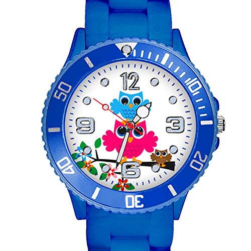 Taffstyle Kinder Armbanduhr Silikon Sportuhr Bunte Sport Uhr mit Blumen Eulen Familie Motiv Analog Quartz Little 34 mm Blau von Taffstyle