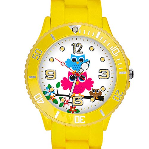 Taffstyle Kinder Armbanduhr Silikon Sportuhr Bunte Sport Uhr mit Blumen Eulen Familie Motiv Analog Quartz Small 39 mm Gelb von Taffstyle