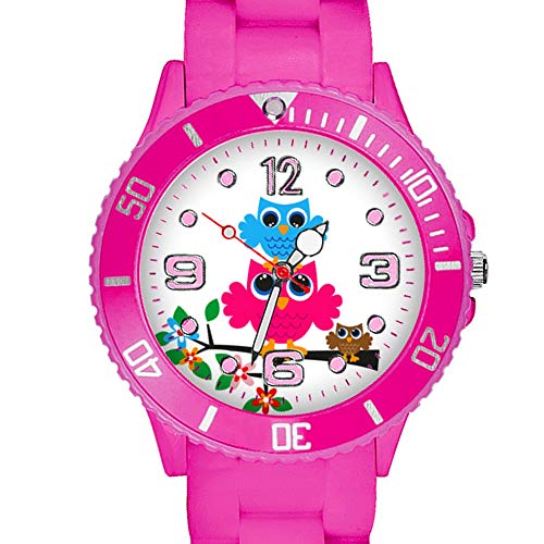 Taffstyle Kinder Armbanduhr Silikon Sportuhr Bunte Sport Uhr mit Blumen Eulen Familie Motiv Analog Quartz Small 39 mm Pink von Taffstyle