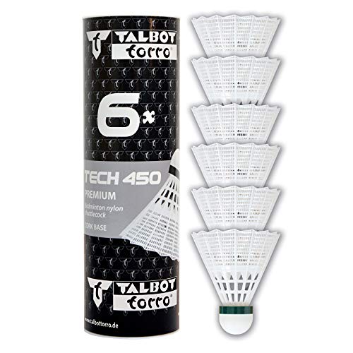 Talbot-Torro Tech 450 Badmintonbälle - 6er Dose, verschiedene Farben/Geschwindigkeiten wählbar (weiß/gelb, Geschwindigkeiten: langsam, mittel, schnell), Premium-Nylonfederball für Indoor & Outdoor von Talbot Torro