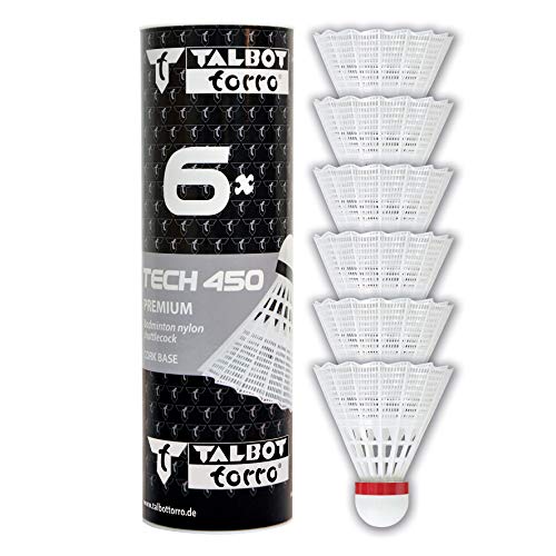 Talbot-Torro® Badminton Ball Tech 450, 6er Dose, Farbe: Weiß, Geschwindigkeit: Rot/Schnell, Premium-Nylonfederball, Federball Shuttle, Nylonshuttles, für Indoor & Outdoor Federball & Badminton von Talbot Torro