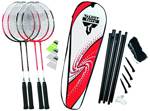 Talbot-Torro Badminton-Set 4-Attacker Plus, Kolmplettset mit 4 Schläger, 3 Federbälle, komplette Netzgarnitur, in wertiger Tasche, verschiedene Farben wählbar von Talbot Torro
