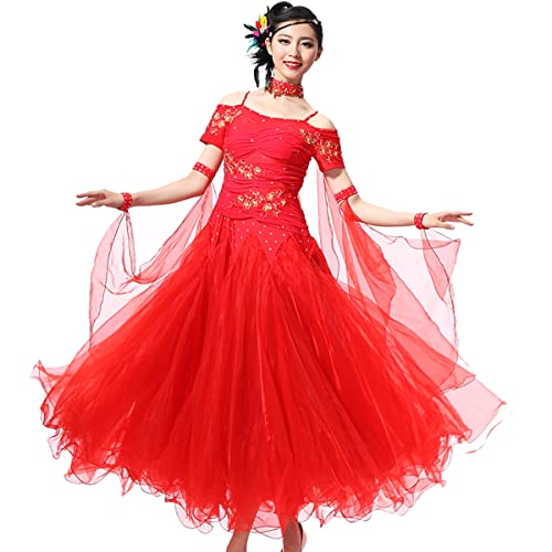 Einfarbig Ballsaal-Tanzkleid Modernes Elegante Tanzkleid Walzer-Tango-Tanz-Kleidung Kurzarm Latin Swing Tüll Performance-Kostüm-Kleider Geschenke für Frauen (L,Red) von Tandada