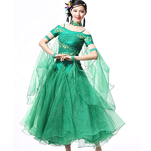 Einfarbig Ballsaal-Tanzkleid Modernes Elegante Tanzkleid Walzer-Tango-Tanz-Kleidung Kurzarm Latin Swing Tüll Performance-Kostüm-Kleider Geschenke für Frauen (XXL,Green) von Tandada