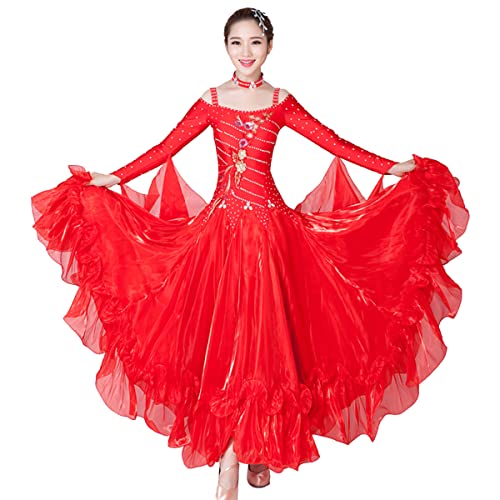 Einfarbig Spitze Lange Ärmel für den Ballsaal Modernes Walzer Tanzkleid Für Frauen Faltenrock Einfach ärmellos Tango Foxtrot Performance Kostüm Geschenke für Frauen (Red A,XL) von Tandada