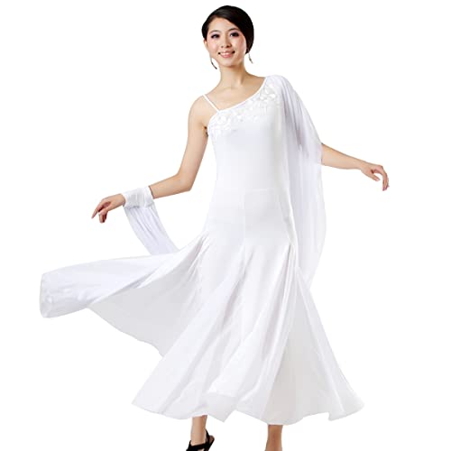 Gesellschaftstanz-Kleid übungskostüm Rock für modernen Tanz Unregelmäßiger Schulterkragen Spitze Plissee Schaukel Lyrisch Walzer Tango Glatte Kleider Tanzkleider (L,White) von Tandada