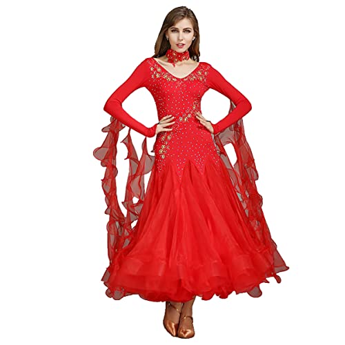 Gesellschaftstanz-Kleid übungskostüm Rock für modernen Tanz rmel Plissee Schaukel Lyrisch Moderne Lange Ärmel Walzer Tango Glatte Kleider Tanzkleider (L,Red) von Tandada