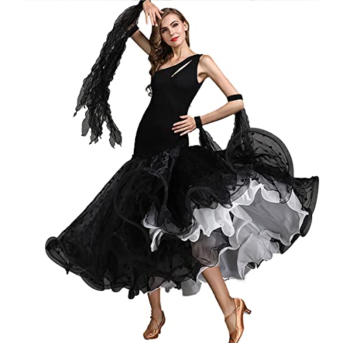 Gesellschaftstanz-Kleid übungskostüm Rock für modernen Tanz rmel Plissee Schaukel Lyrisch Moderne Walzer Tango Glatte Kleider Tanzkleider (S,Black) von Tandada