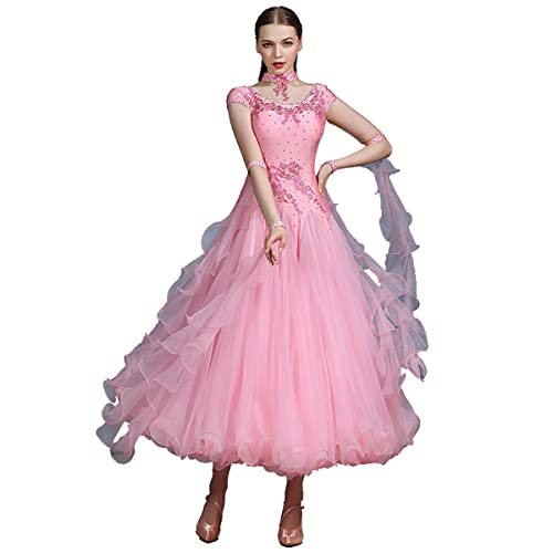 Gesellschaftstanz-Kleid übungskostüm Rock für modernen Tanz rmel Plissee Schaukel Lyrisch Moderne Walzer Tango Glatte Kleider Tanzkleider Gesellschaftstanz Outfit (M,pink) von Tandada