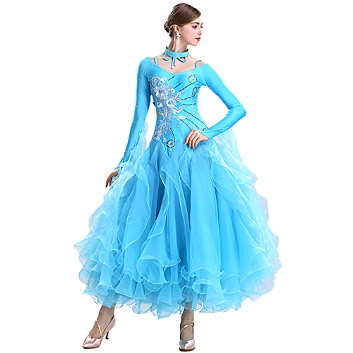 Gesellschaftstanz Outfit Damen Embroidery Ballsaal Leistung Tanzkleider Modernes Elegante Tanzkleid Walzer Ballsaal Tanzen Praxis Kostüm Geschenke für Frauen (Blue,XXL) von Tandada