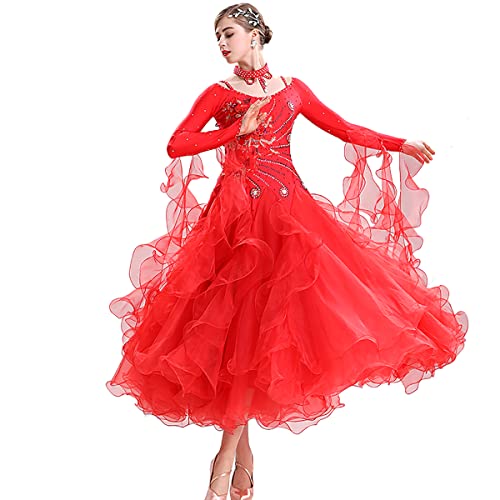 Gesellschaftstanz Outfit Damen Embroidery Ballsaal Leistung Tanzkleider Modernes Elegante Tanzkleid Walzer Ballsaal Tanzen Praxis Kostüm Geschenke für Frauen (Red,S) von Tandada