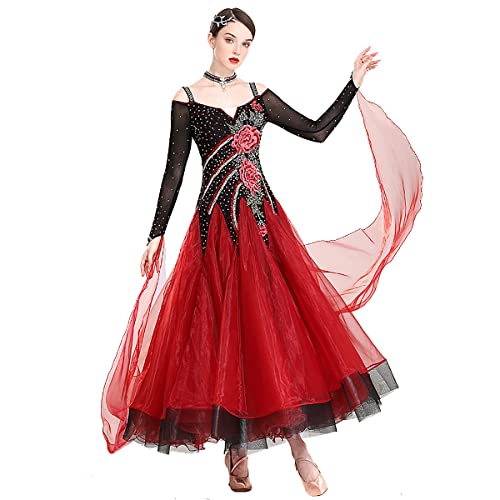 Gesellschaftstanz Performance Kleid Ballsaal Leistung Tanzkleider Moderne Rock Walzer Tanzkleider Spitze Langarm National Standard Dance Training Costume Großem Swingrock (Red,M) von Tandada