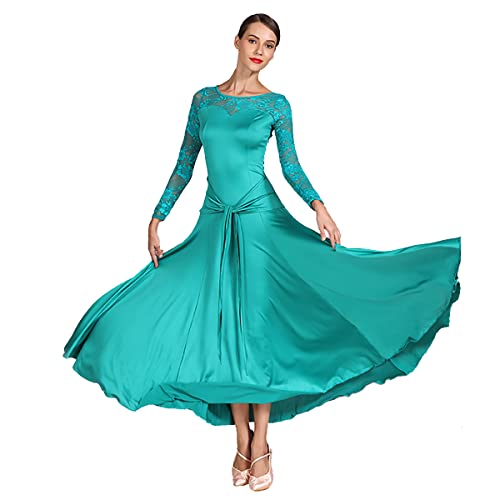 Gesellschaftstanz Performance Kleid Moderne Elegante Tanzkleid Walzer Ballsaal Praxis Kostüm Langarm Spitze National Standard Dance Training Costume Großem Swingrock (S,Blue) von Tandada