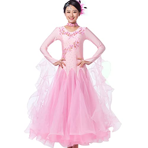 Gesellschaftstanz Performance Kleid Moderne Rock Tanzkleider Langarm Walzer Ballsaal Tanzen Praxis Kostüm Spitze National Standard Dance Training Costume (pink,M) von Tandada