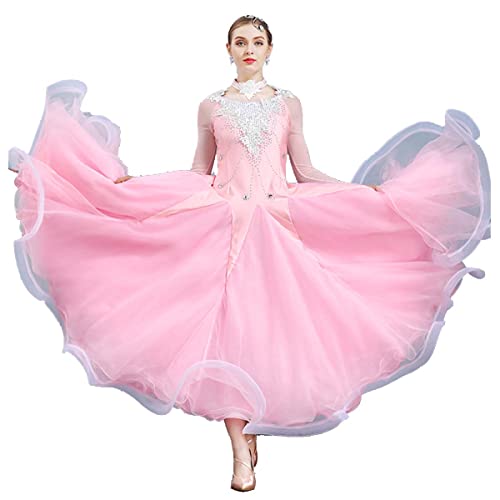 Gesellschaftstanz Performance Kleid Modernes Elegante Tanzkleid Walzer Tanzkleider Langarm Spitze Großem Swingrock National Standard Dance Training Costume (XX-Large,pink) von Tandada