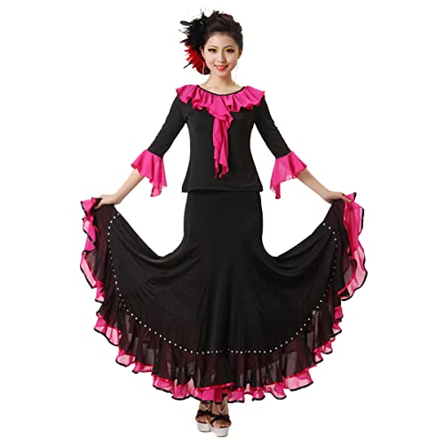 Lyrisches Tanzkleid für Damen Spitze Volant Langer Schaukelrock Erwachsener Modernes Elegante Tanzkleid Walzer Ballsaal Tanzen Praxis Kostüm Kleideranzug (L,Rose red) von Tandada