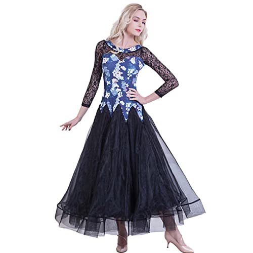 Moderne Ballsaal-Spitzenkleid Walzer Ballsaal Tanzen Praxis Kostüm Floral Langarm Nationaler Standard-Tanztraining Leistungs-Kostüm Großem Swingrock (XL,Blue) von Tandada