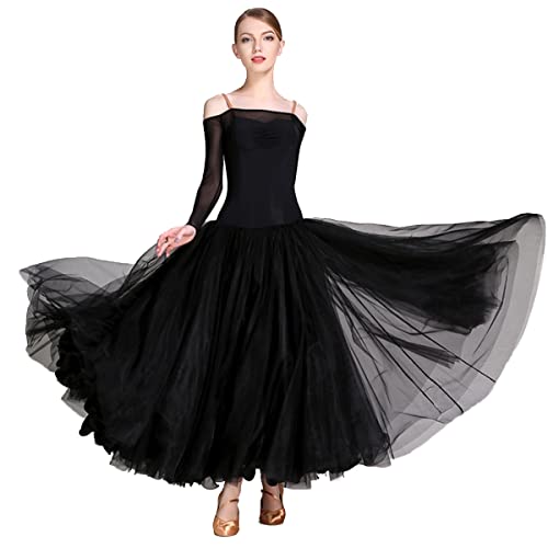 Moderne Elegante Tanzkleid Walzerrock Gesellschaftstanz Netz Große Schaukel Kleid Trägerlose Schultern Spitze Langarm Ballsaal Performance Tanzkostüm (L,Black) von Tandada