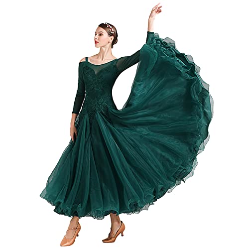 Moderne Elegante Walzer Tanz Kleider Ballsaal-Spitzenkleid Strapse Schulterfreie Langarm Nationaler Standard-Tanztraining Leistungs-Kostüm Plissee Großem Swingrock (XL) von Tandada