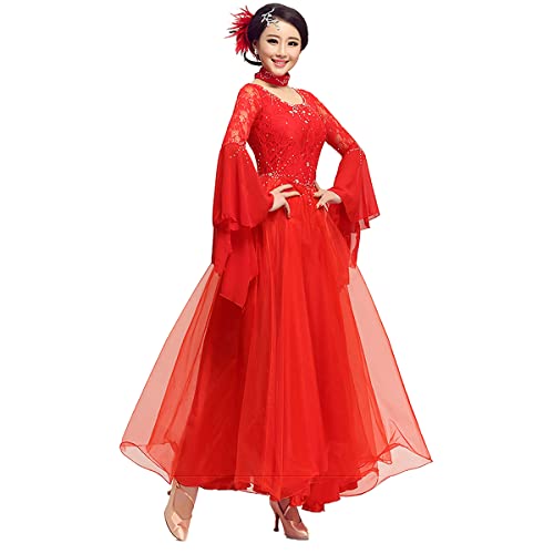 Moderne Tanzkleid National Standard Ballsaal Kostüme Walzer Gesellschaftstanz Große Schaukel Kleid Trompetenärmel Performance Tanzkostüm Netz Tolle Tüllschaukel (Red,M) von Tandada