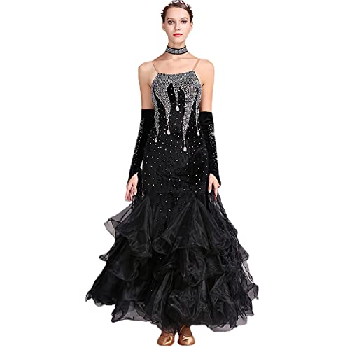 Modernes Elegante Tanzkleid Ballsaal-Spitzenkleid Moderne Rock-Walzer-Tanz-Kleider Langarm, Nationaler Standard-Tanztraining Leistungs-Kostüm Großem Swingrock (Black,L) von Tandada