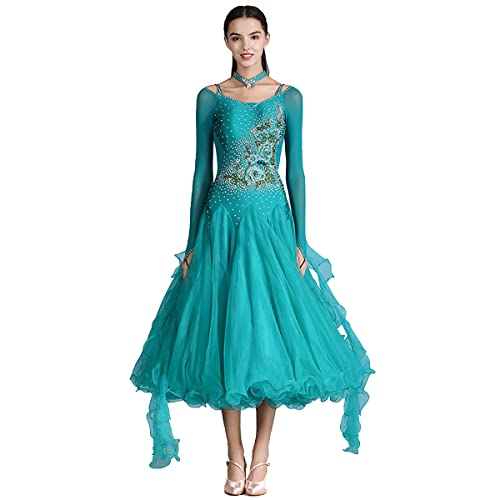 Modernes Elegante Tanzkleid Ballsaal-Spitzenkleid Plissee Großem Swingrock Walzer-Tanz-Kleider Langarm, Nationaler Standard-Tanztraining Leistungs-Kostüm (Green,XXL) von Tandada